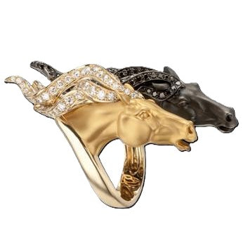 Wild Spirit horse ring in 18K yellow and white gold with black rhodium, featuring white diamonds and black diamonds in a luxury equestrian design
