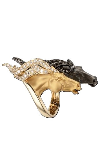 Wild Spirit horse ring in 18K yellow and white gold with black rhodium, featuring white diamonds and black diamonds in a luxury equestrian design