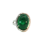 Cabochon Colombian  Emerald with Diamonds Halo Cocktail Ring in White 18k Gold.