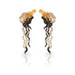 Wild Spirit horse earrings in 18K yellow and white gold with black rhodium, white diamonds and black diamonds, luxury equestrian jewelry