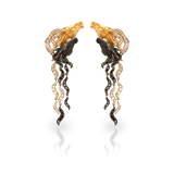 Wild Spirit horse earrings in 18K yellow and white gold with black rhodium, white diamonds and black diamonds, luxury equestrian jewelry