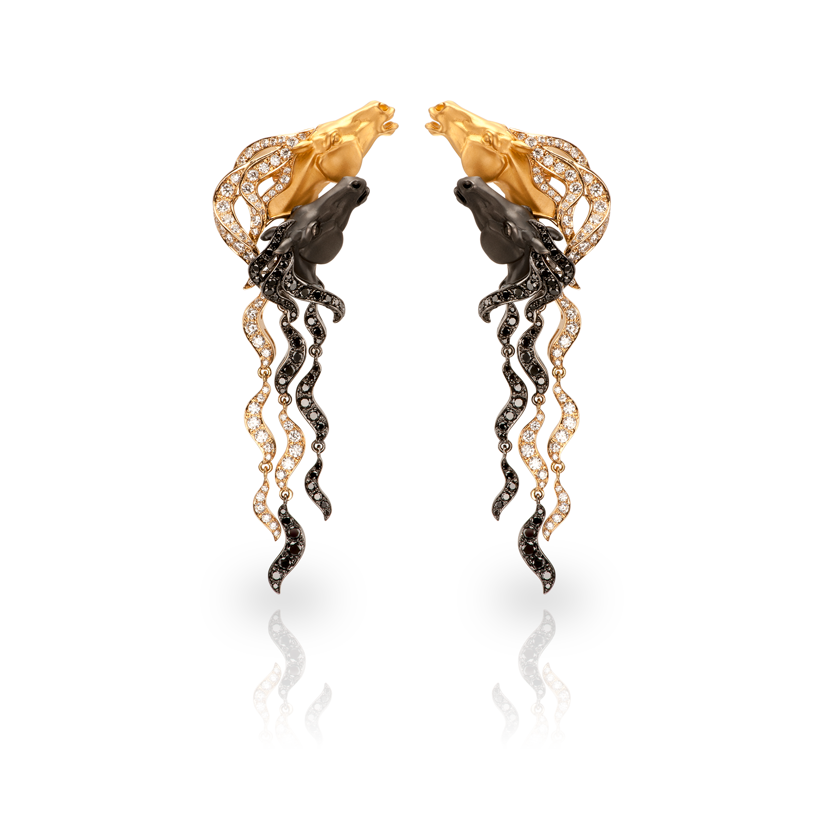Wild Spirit horse earrings in 18K yellow and white gold with black rhodium, white diamonds and black diamonds, luxury equestrian jewelry