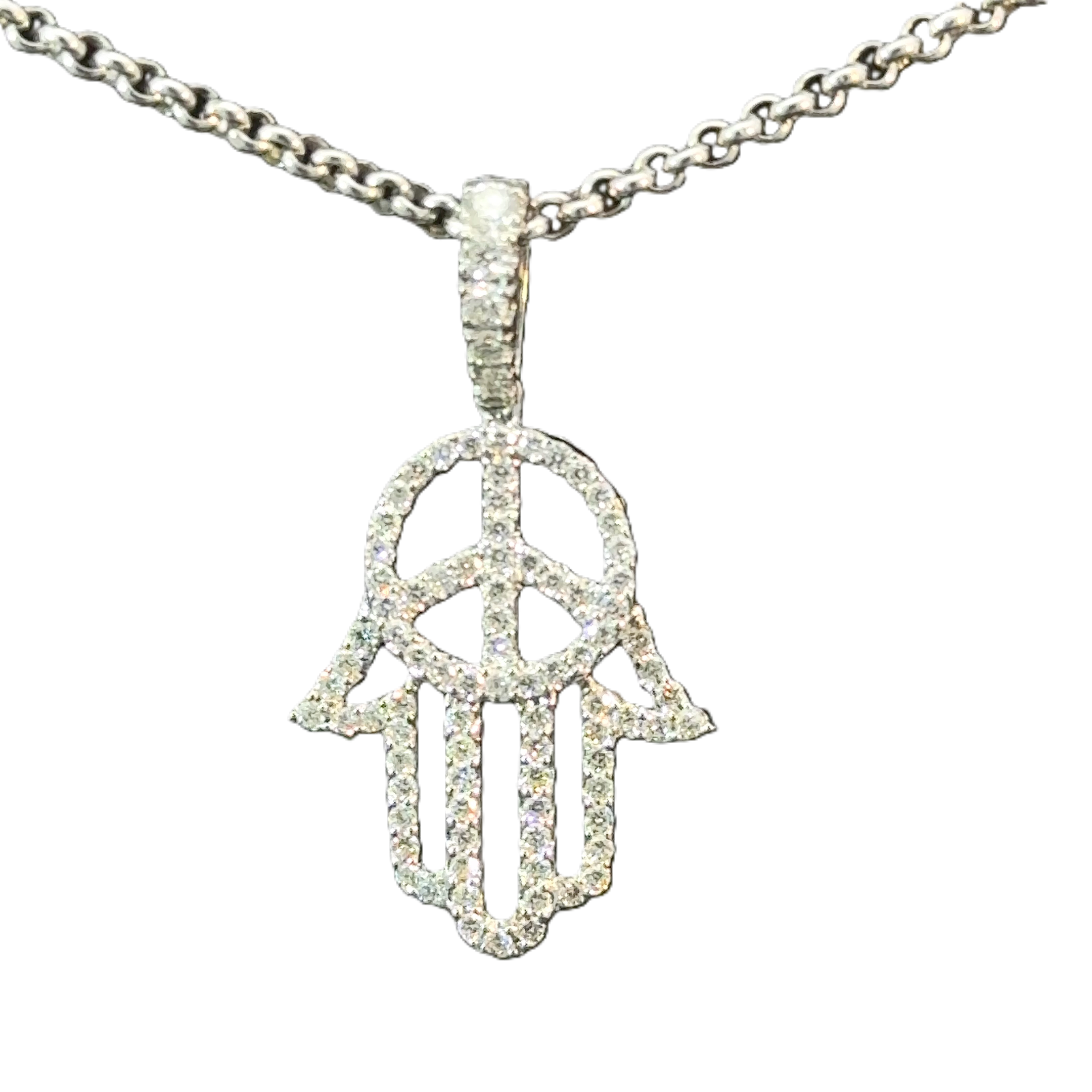 diamond Hamsa pendant with peace symbol white gold