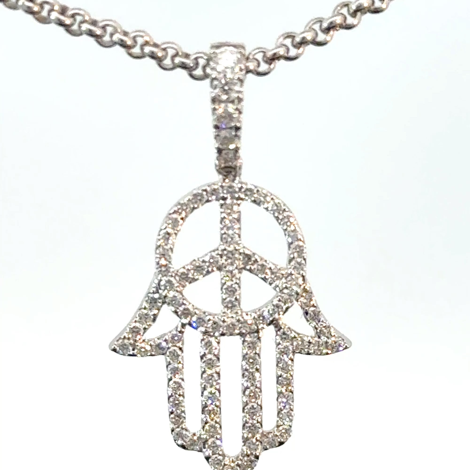 18K white gold Hamsa hand pendant with peace symbol and diamonds 0.54ct
