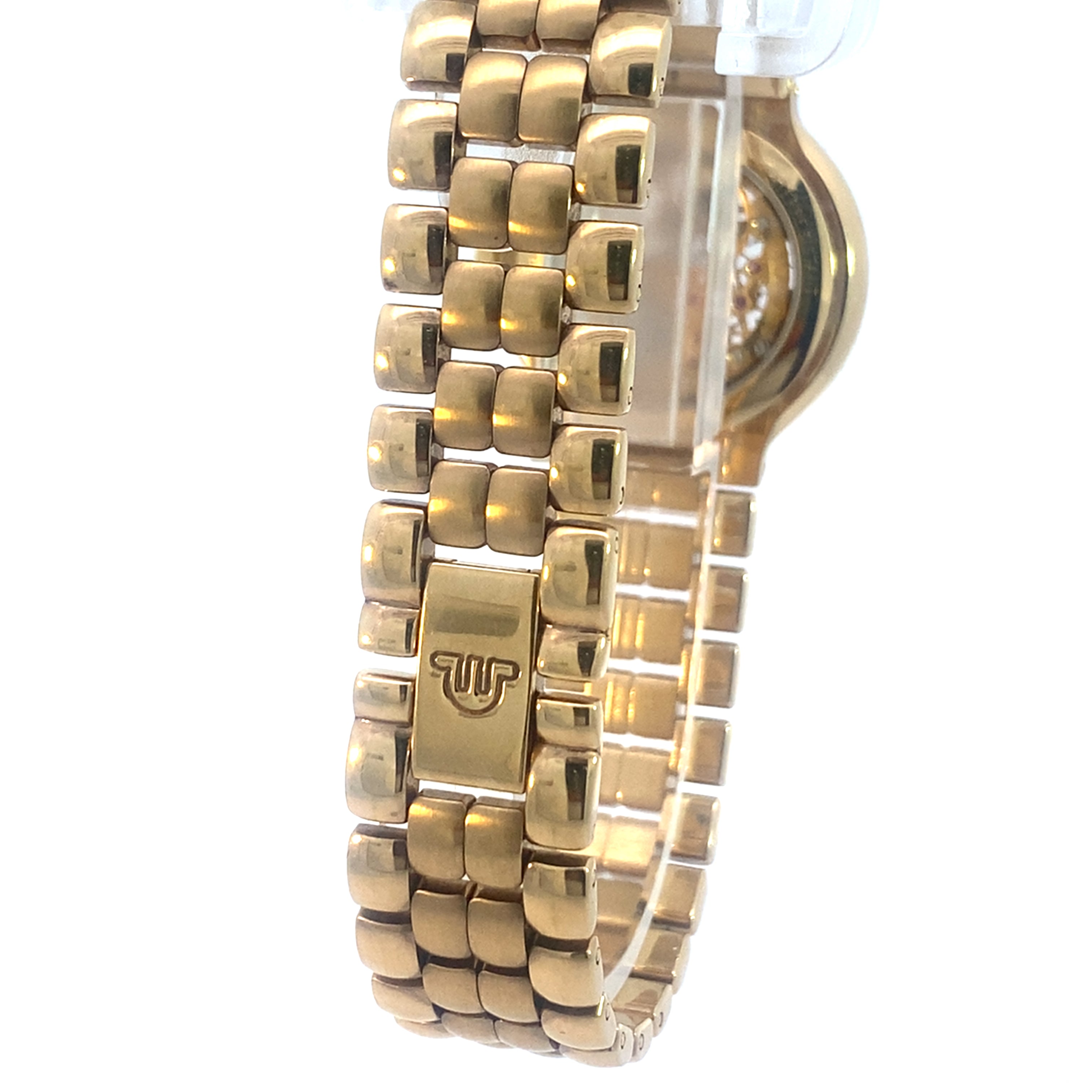 close up of gold Maurice Lacroix skeleton watch for women with visible gears