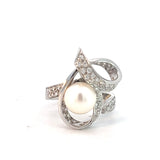 Hafner White 18K Gold Pearl & Diamonds 0,59 ct Cocktail Ring with Swirling Accents
