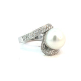 Hafner Pearl Bypass Cocktail Ring in White 18K Gold & Diamonds 1,56 ct , weight 11,68.