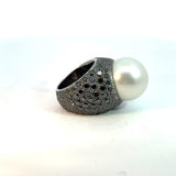 18K Gold Natural Pearl & Black Diamond Ring | Almaz Vienna