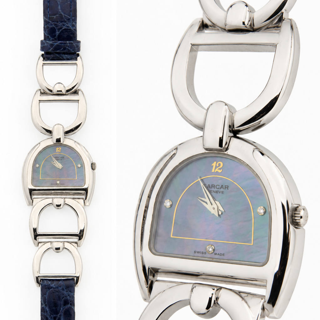 Sarcar ladies horseshoe watch in 18K white gold with diamonds and blue leather strap