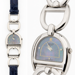 Sarcar ladies horseshoe watch in 18K white gold with diamonds and blue leather strap
