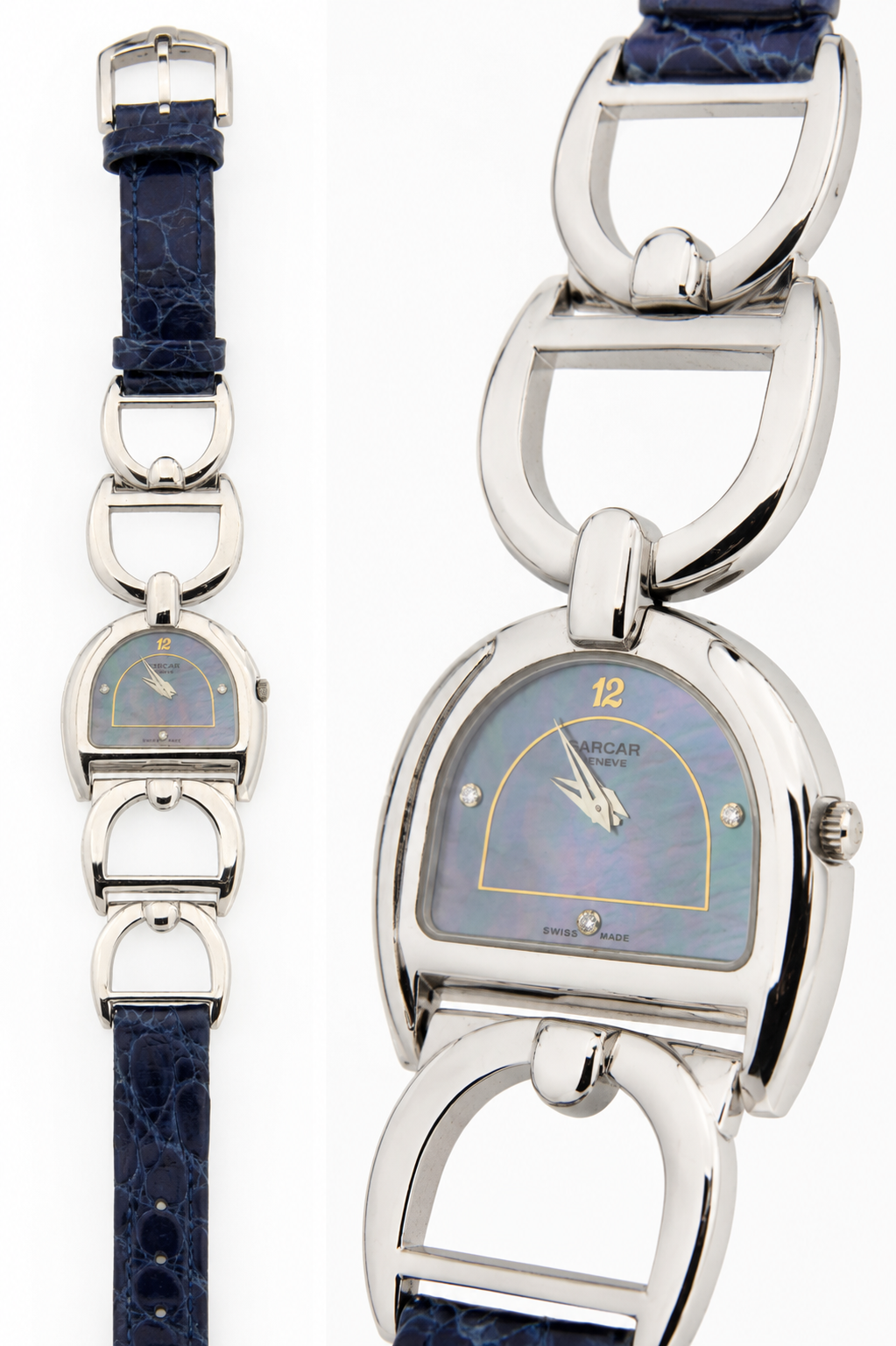 Sarcar ladies horseshoe watch in 18K white gold with diamonds and blue leather strap