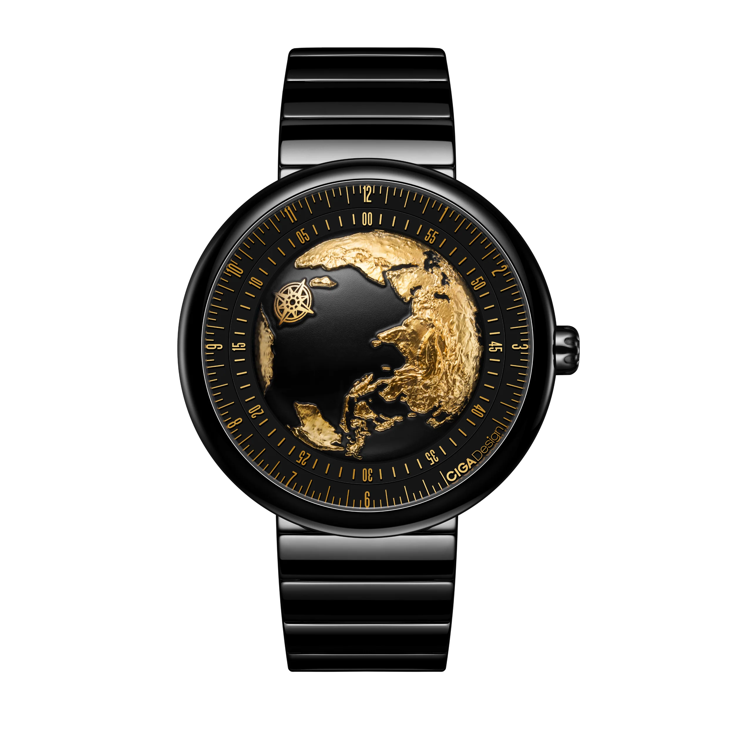 CIGA Design Blue Planet II Gold watch with 24K gilded Earth and black ceramic case