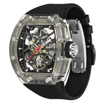 Cronus Art automatic mechanical skeleton watch featuring a tonneau-shaped case, open-worked dial, custom automatic movement, 72-hour power reserve, fluoroelastomer strap, and luxury sports watch design.