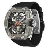 Cronus Art automatic mechanical skeleton watch featuring a tonneau-shaped case, open-worked dial, custom automatic movement, 72-hour power reserve, fluoroelastomer strap, and luxury sports watch design.