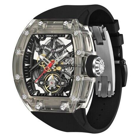 Cronus Art automatic mechanical skeleton watch featuring a tonneau-shaped case, open-worked dial, custom automatic movement, 72-hour power reserve, fluoroelastomer strap, and luxury sports watch design.