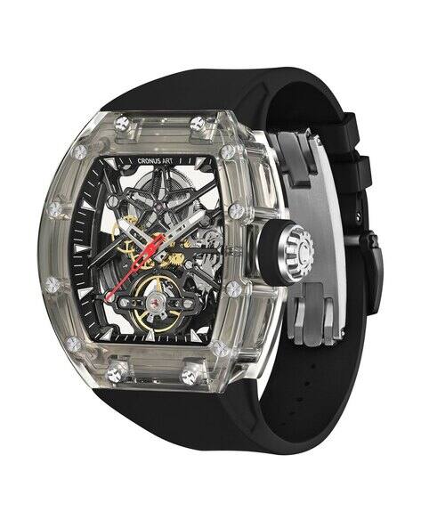 Cronus Art automatic mechanical skeleton watch featuring a tonneau-shaped case, open-worked dial, custom automatic movement, 72-hour power reserve, fluoroelastomer strap, and luxury sports watch design.