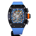 Cronus Art Automatic Chronograph watch featuring a skeleton dial, aerospace-grade magnesium-aluminum alloy case, blue eco-friendly fluoroelastomer strap, CRONUSART 4802-CA602 movement, and 50-meter water resistance.