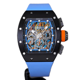 Cronus Art Automatic Chronograph watch featuring a skeleton dial, aerospace-grade magnesium-aluminum alloy case, blue eco-friendly fluoroelastomer strap, CRONUSART 4802-CA602 movement, and 50-meter water resistance.