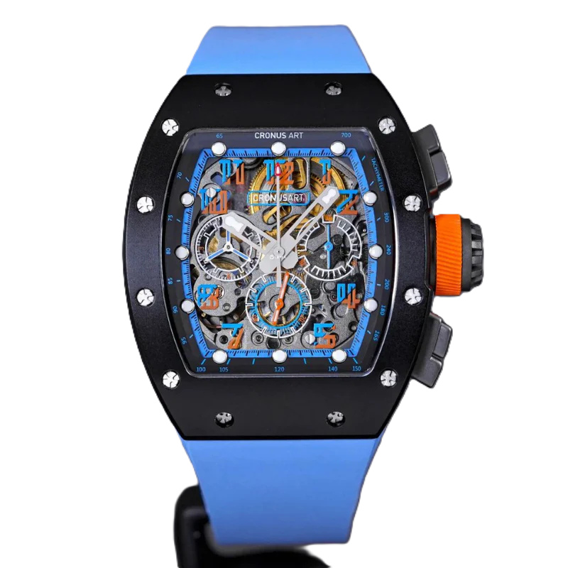 Cronus Art Automatic Chronograph watch featuring a skeleton dial, aerospace-grade magnesium-aluminum alloy case, blue eco-friendly fluoroelastomer strap, CRONUSART 4802-CA602 movement, and 50-meter water resistance.