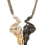 Wild Spirit horse necklace in 18K yellow and white gold featuring 1.88 ct white diamonds, 1.64 ct black diamonds and black rhodium detailing, luxury equestrian jewelry with horse head design.