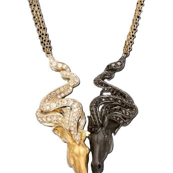 Wild Spirit horse necklace in 18K yellow and white gold featuring 1.88 ct white diamonds, 1.64 ct black diamonds and black rhodium detailing, luxury equestrian jewelry with horse head design.