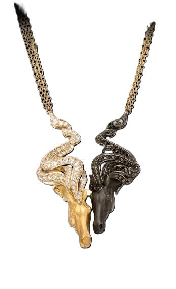 Wild Spirit horse necklace in 18K yellow and white gold featuring 1.88 ct white diamonds, 1.64 ct black diamonds and black rhodium detailing, luxury equestrian jewelry with horse head design.