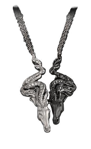 Carrera y Carrera Wild Spirit pendant necklace crafted in 18K white gold with black rhodium accents, featuring twin horse heads adorned with 125 white diamonds (1.75 ct) and 117 black diamonds (1.64 ct) on a 50 cm chain.