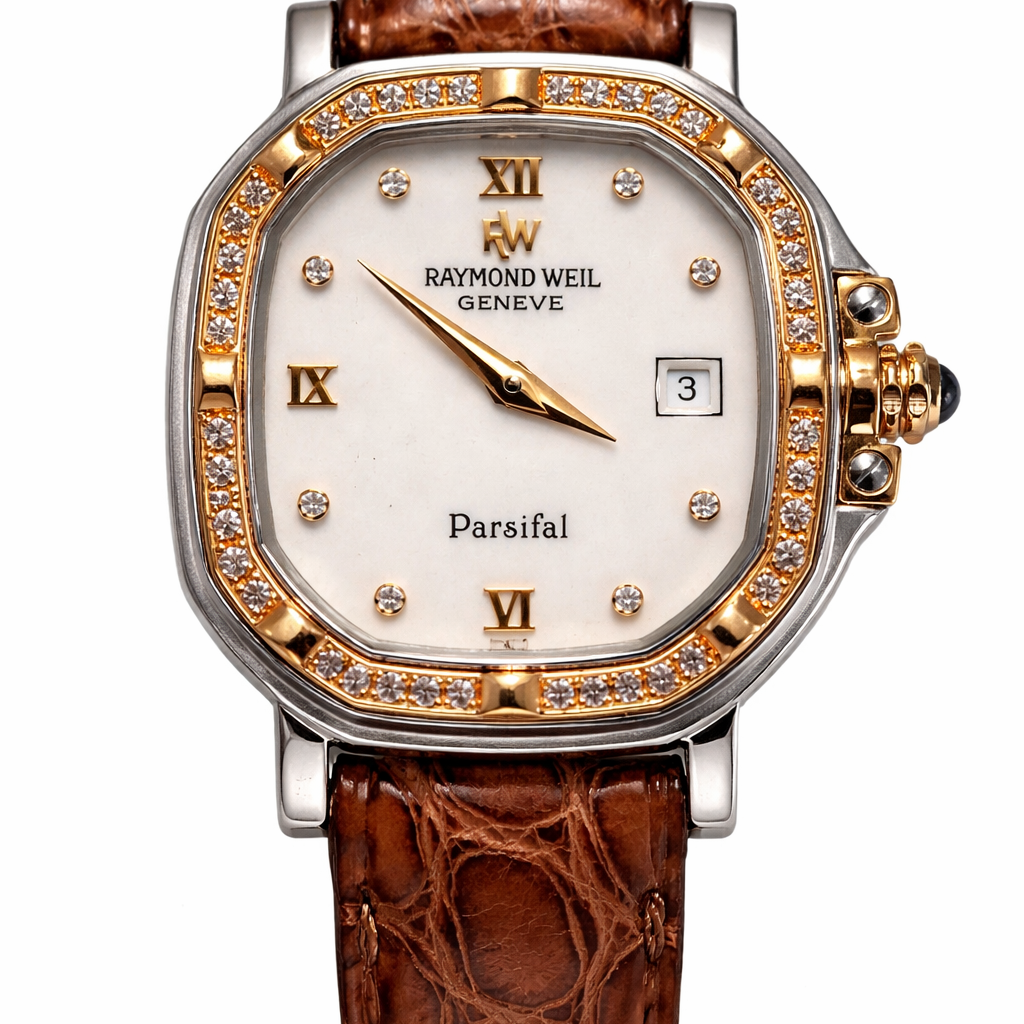 Raymond Weil Parsifal Swiss watch with diamond bezel, Roman numerals dial and leather strap luxury timepiece