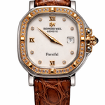 Raymond Weil Parsifal Swiss watch with diamond bezel, Roman numerals dial and leather strap luxury timepiece