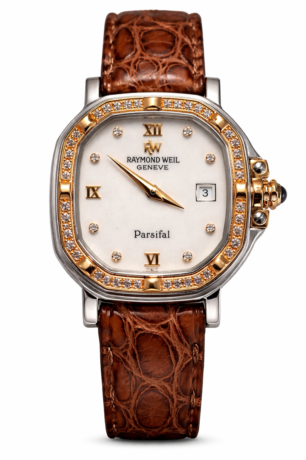 Raymond Weil Parsifal Swiss watch with diamond bezel, Roman numerals dial and leather strap luxury timepiece