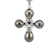18K white gold cross pendant with black pearls fine jewelry