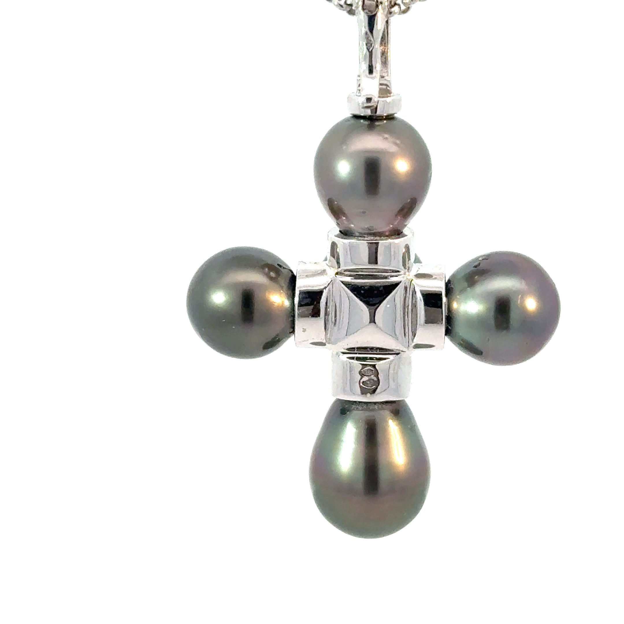 18K white gold cross pendant with black pearls fine jewelry