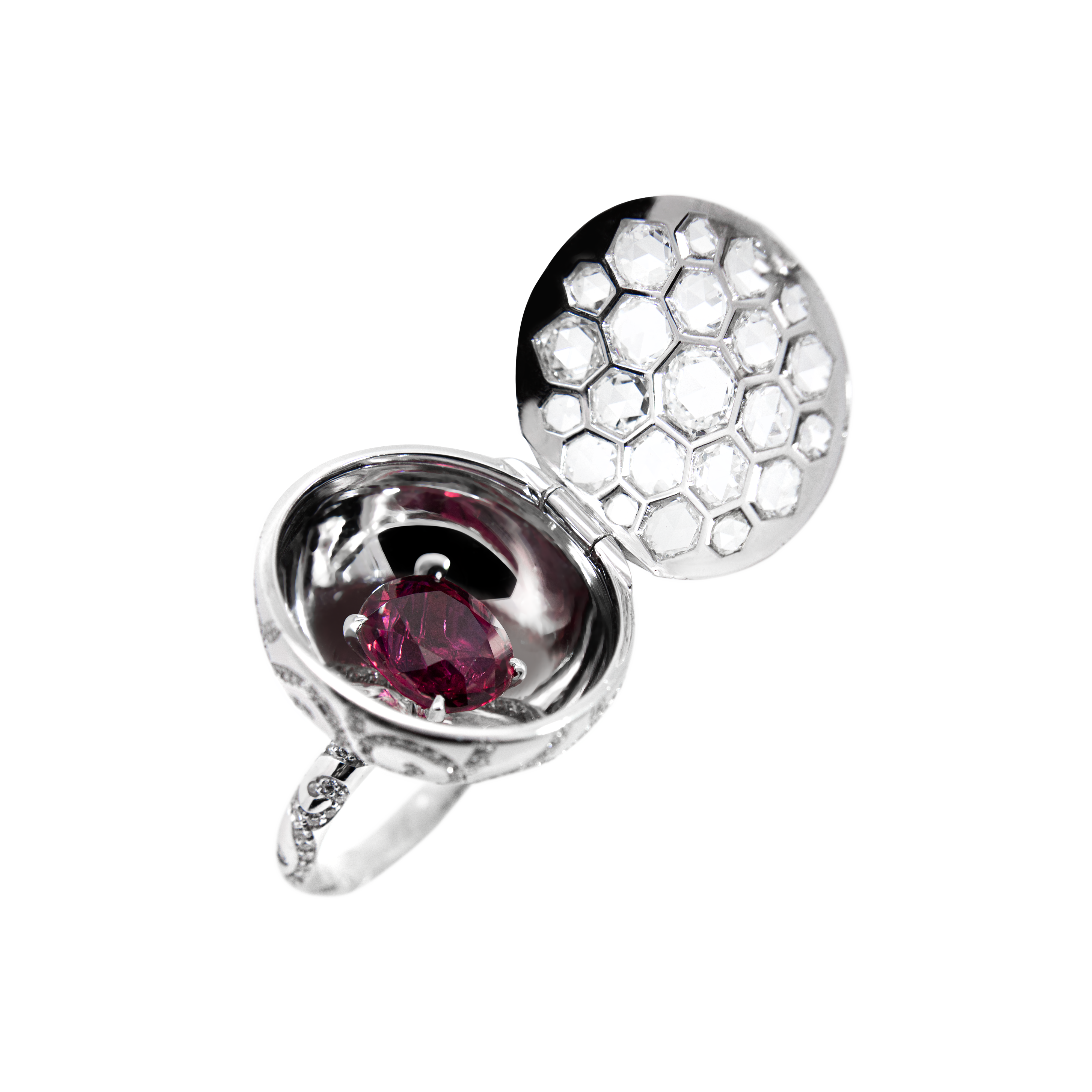 Busatti 18k white gold ruby and diamond opening ring with pavé diamonds and large central ruby certified