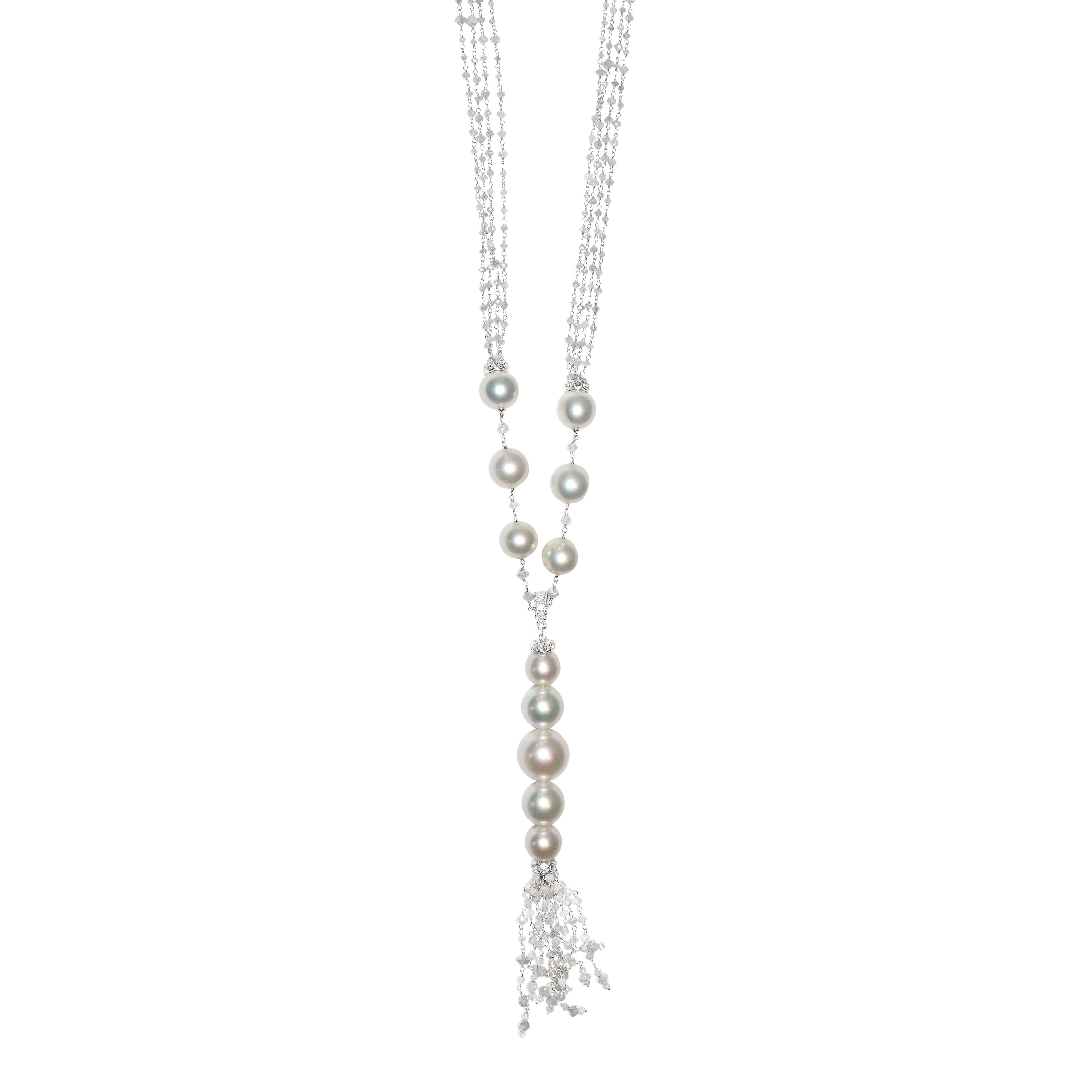 Busatti 18k gold collier necklace with diamonds and pearls featuring elegant tassel pendant on white background