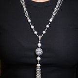 Busatti 18K White Gold Diamond & Gray Pearl Collier Necklace – Luxury Tassel Design
