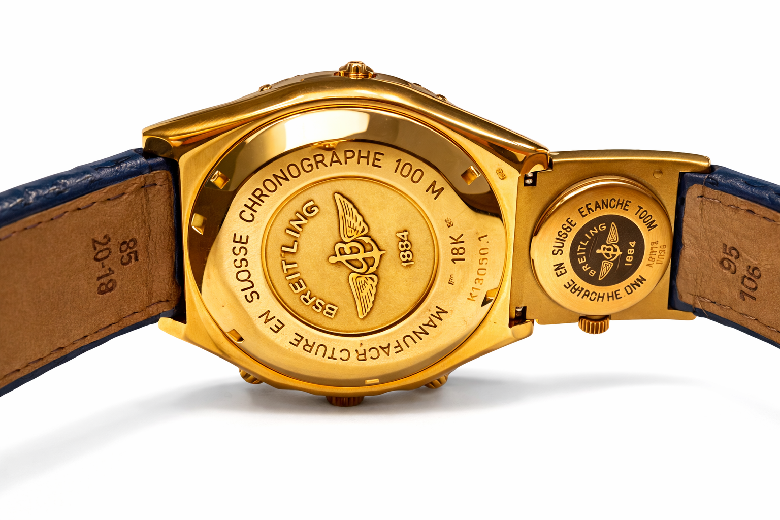 Breitling Chronomat K13050.1 18K gold caseback engraving with serial number and Swiss chronograph markings