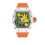 Cronus Art CM007-007 automatic mechanical skeleton watch featuring ceramic and aviation-grade magnesium-aluminum alloy case, orange fluoroelastomer strap, visible movement, and 50-meter water resistance.
