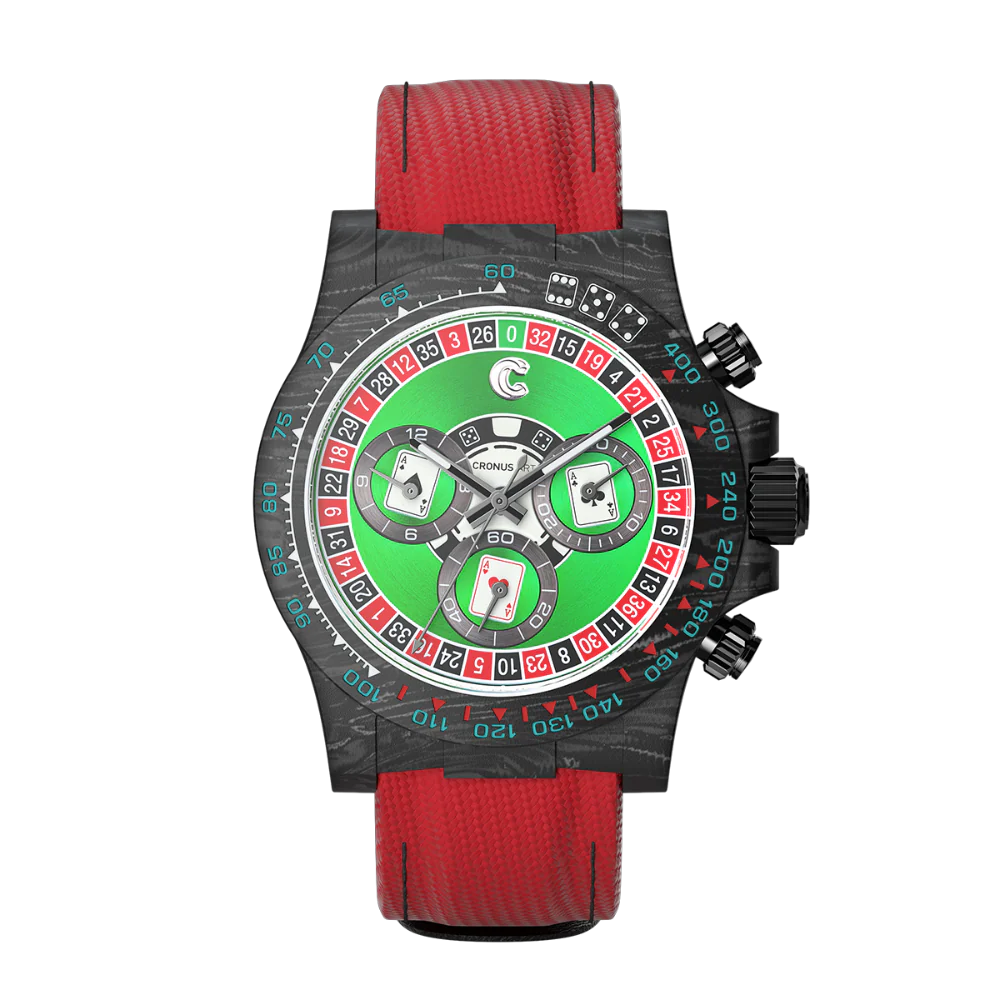 Cronus Art Chrono Legend Card Master CM016-032 automatic chronograph watch featuring an artistic card-inspired dial, NTPT carbon fiber case, custom movement, and premium nautical canvas calf leather strap.