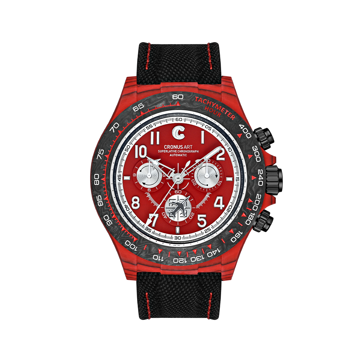 Cronus Art luxury automatic chronograph watch featuring a red dial, NTPT carbon fiber case, nautical canvas and calf leather strap, custom automatic movement, and limited edition craftsmanship.