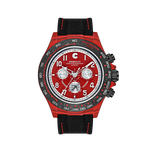 Cronus Art luxury automatic chronograph watch featuring a red dial, NTPT carbon fiber case, nautical canvas and calf leather strap, custom automatic movement, and limited edition craftsmanship.