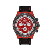 Cronus Art luxury automatic chronograph watch featuring a red dial, NTPT carbon fiber case, nautical canvas and calf leather strap, custom automatic movement, and limited edition craftsmanship.