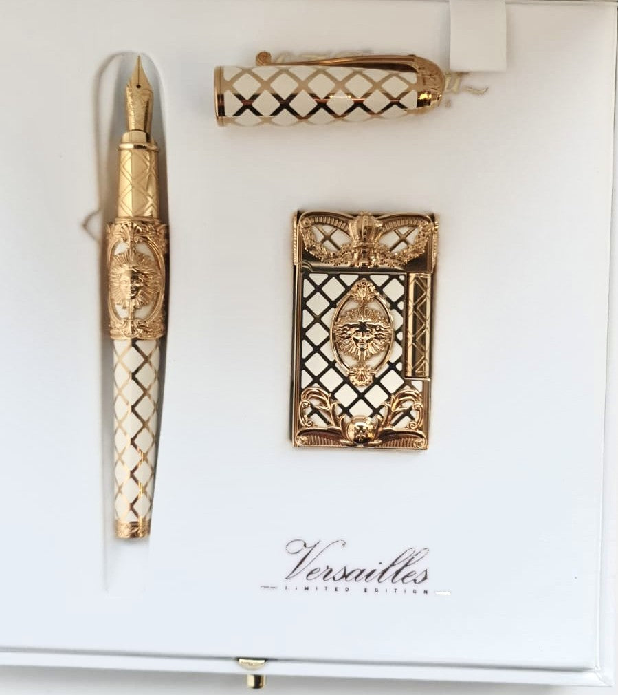 S.T. Dupont Versailles limited edition set with gold fountain pen and lighter in original presentation box