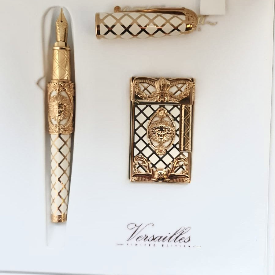 S.T. Dupont Versailles limited edition set with gold fountain pen and lighter in original presentation box