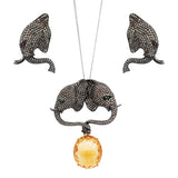 'Elephant' Set Necklace and Earrings with Giant Citrin and Green Diamonds