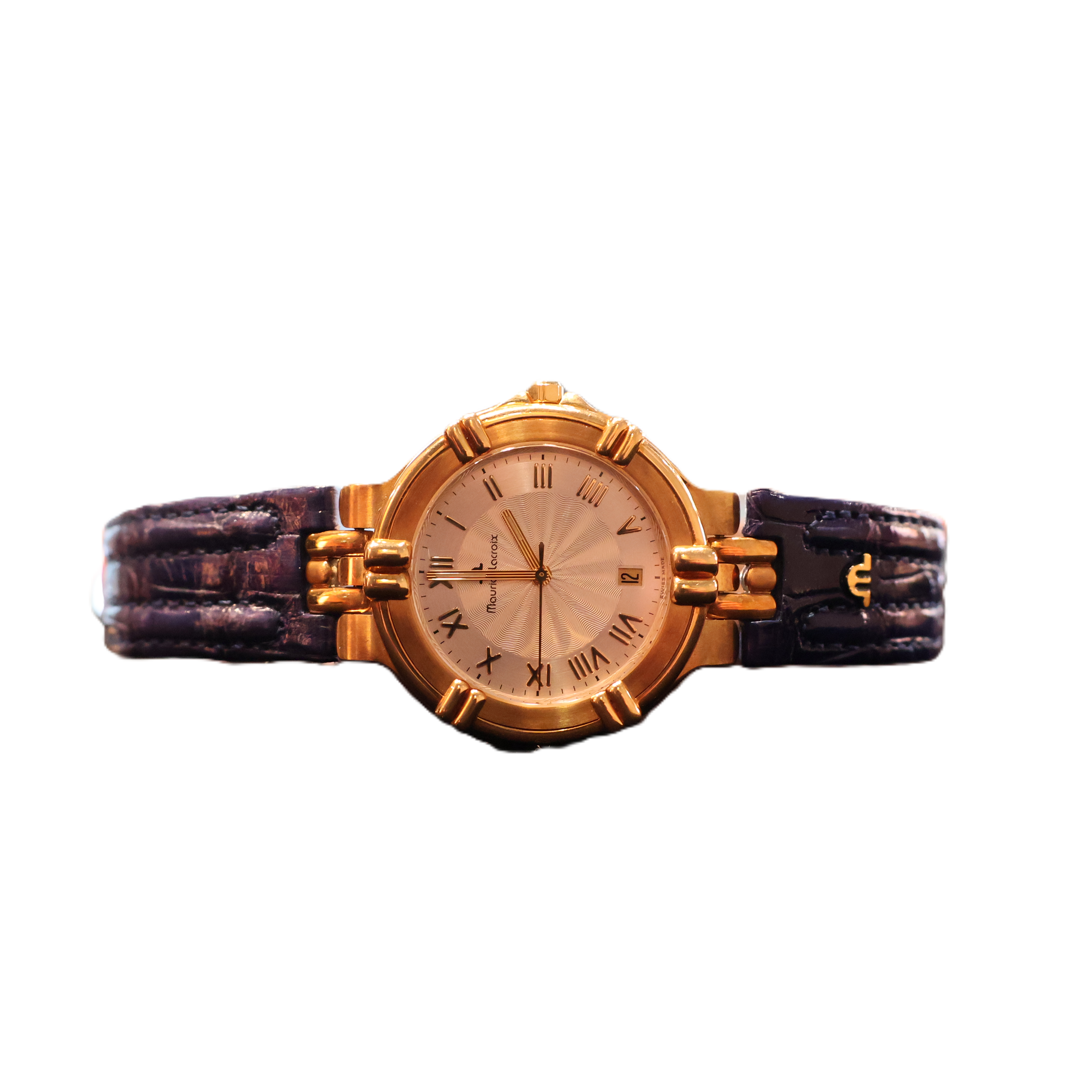 Luxury Maurice Lacroix gold ladies watch with blue strap on a woman’s wrist