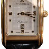 Maurice Lacroix 18K gold rectangular wristwatch with white dial and black leather strap, elegant Swiss luxury dress watch isolated on white background