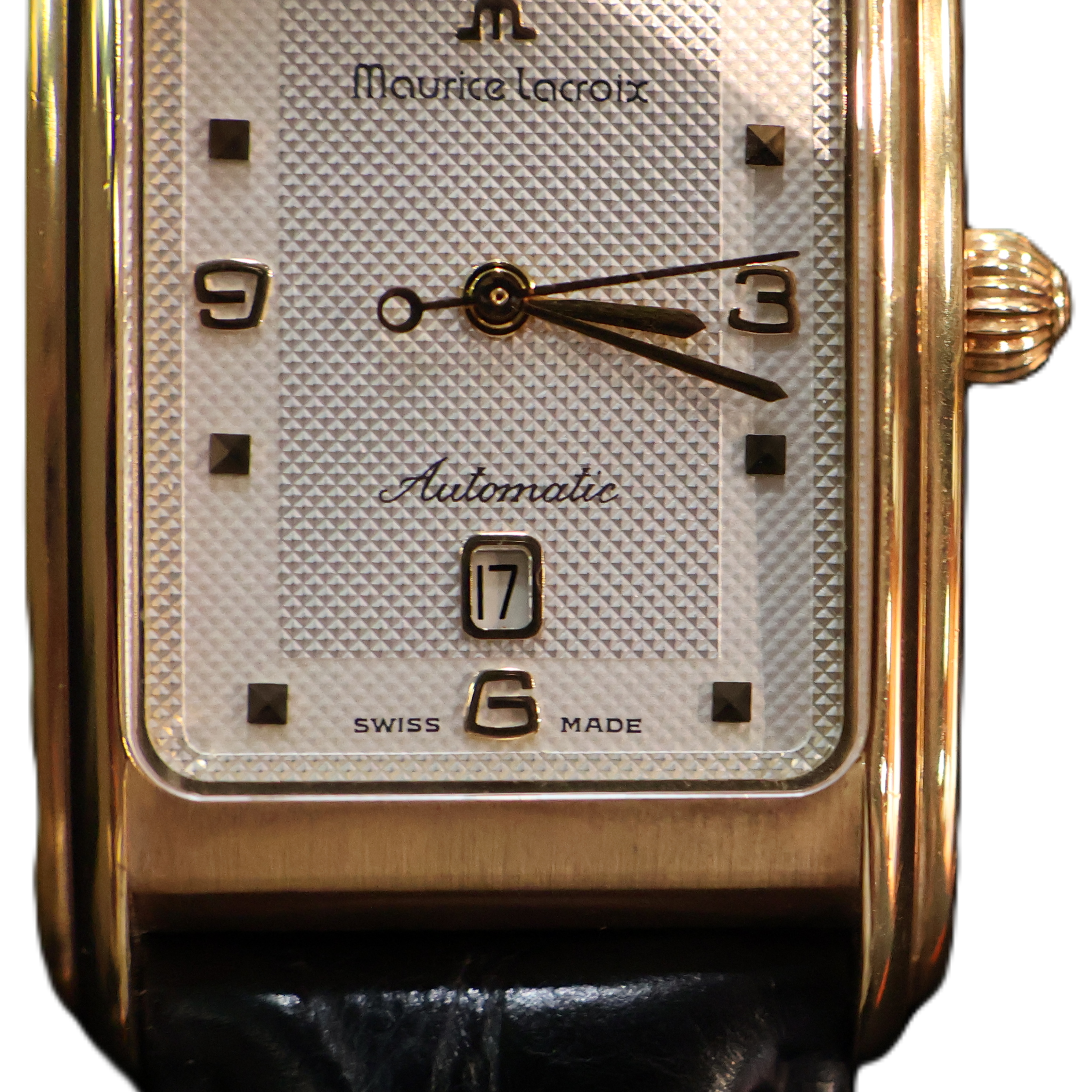 Maurice Lacroix 18K gold rectangular wristwatch with white dial and black leather strap, elegant Swiss luxury dress watch isolated on white background