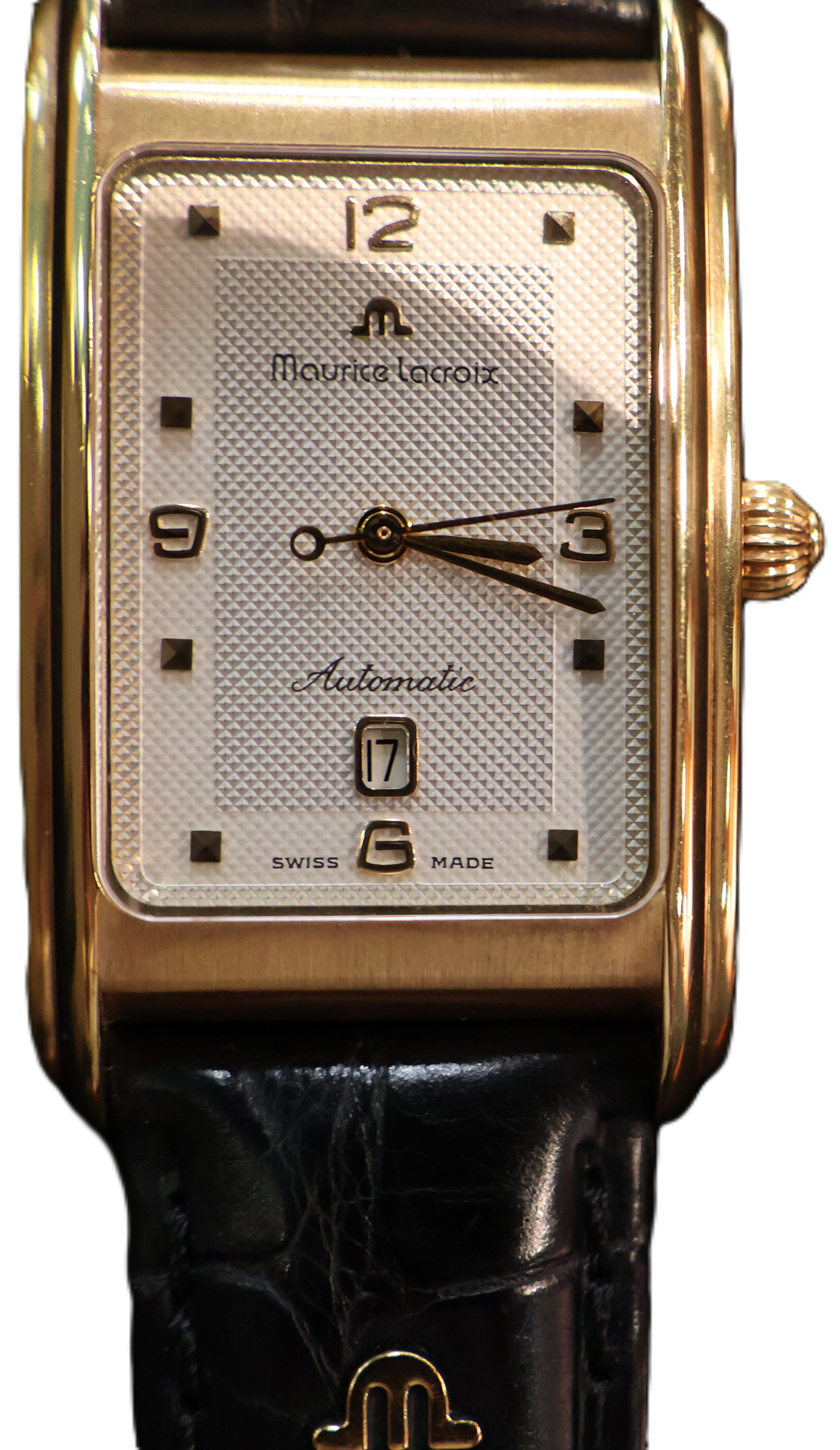 Maurice Lacroix 18K gold rectangular wristwatch with white dial and black leather strap, elegant Swiss luxury dress watch isolated on white background