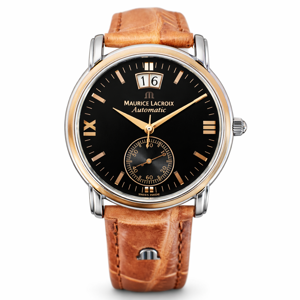 Maurice Lacroix automatic watch black dial big date luxury dress watch front view