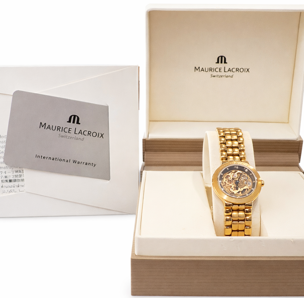 elegant gold plated Maurice Lacroix watch with skeleton mechanism and bracelet